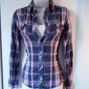 Navy/Pink/White Plaid Button Down